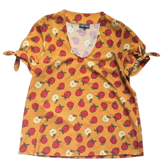 Modcloth V-Neck Red Apple Print Orange Short Tie Sleeve Blouse Size Large EUC - Picture 2 of 9